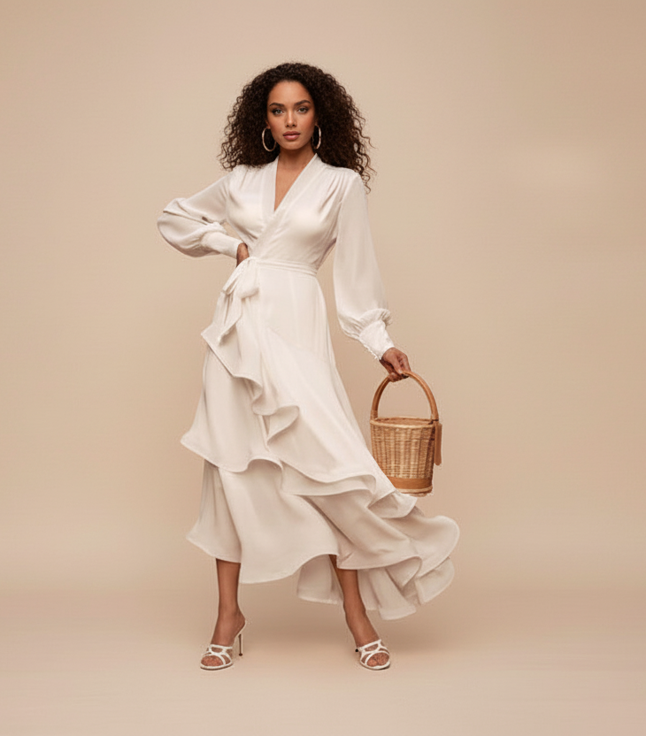 White Satin Ruffle Dress