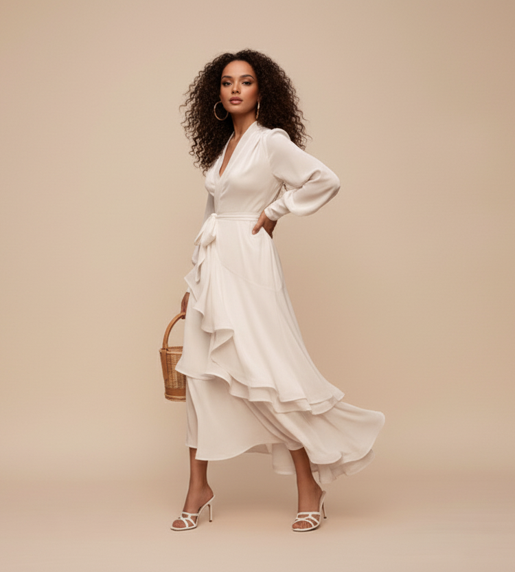 White Satin Ruffle Dress